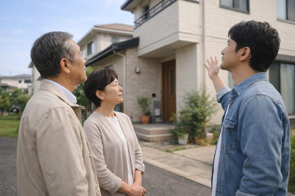 二世帯住宅の外壁を前に、家族で外壁塗装について話し合っている様子