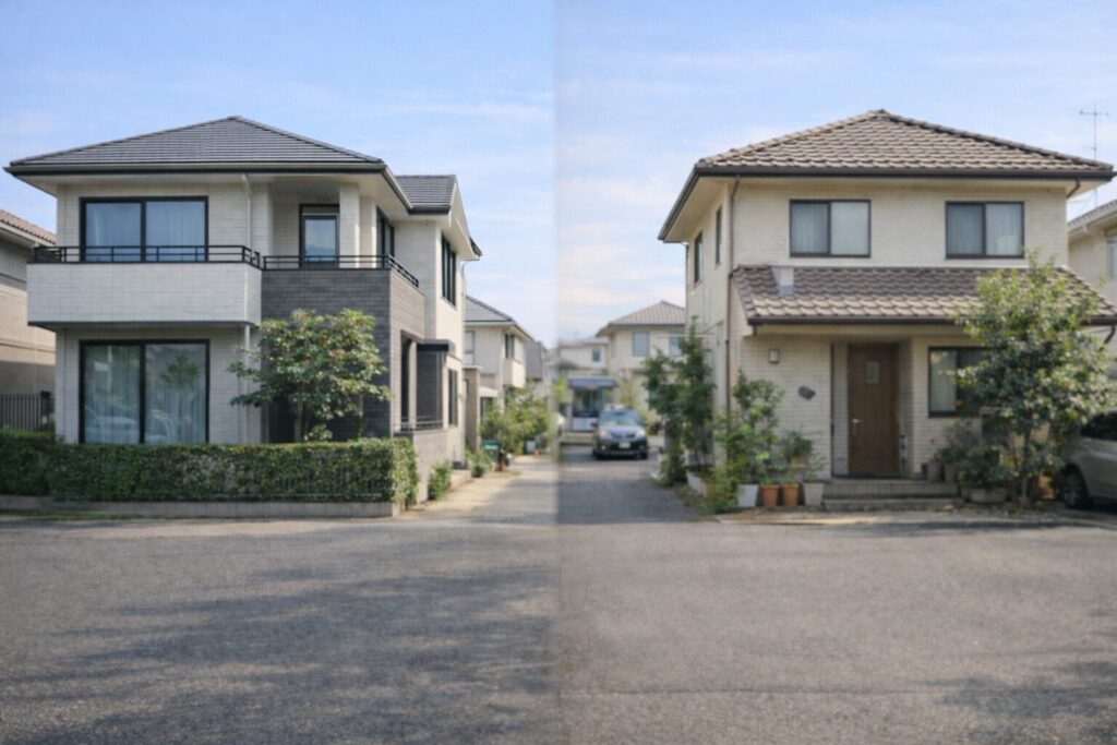 日本の住宅街で、整然とした住宅と生活感のある住宅を対比した外観イメージ