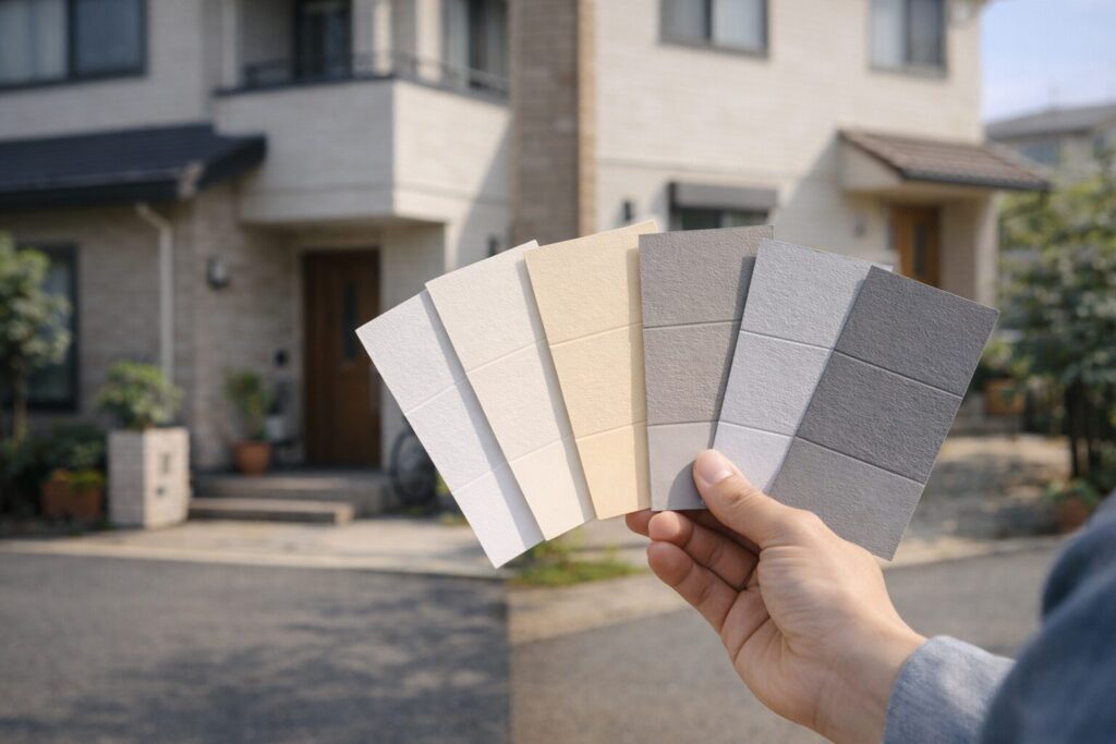 戸建て住宅の前で、外壁塗装のカラーサンプルを手に色を確認している様子