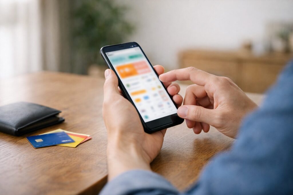 スマートフォンでポイント交換を操作している日本人の手元