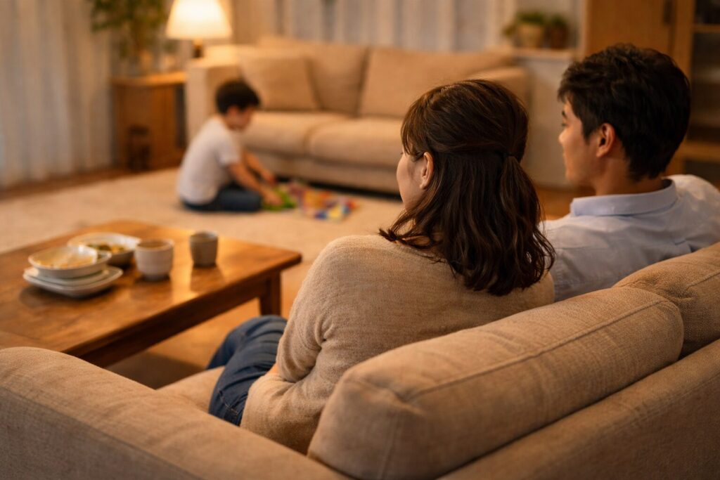 夜の日本のリビングで、夕食後に親子が落ち着いて過ごしている後ろ姿の様子