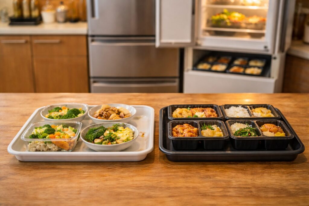 日本のキッチンで、冷蔵惣菜のトレーと冷凍弁当トレーが並び、冷蔵庫と冷凍庫が整っている様子