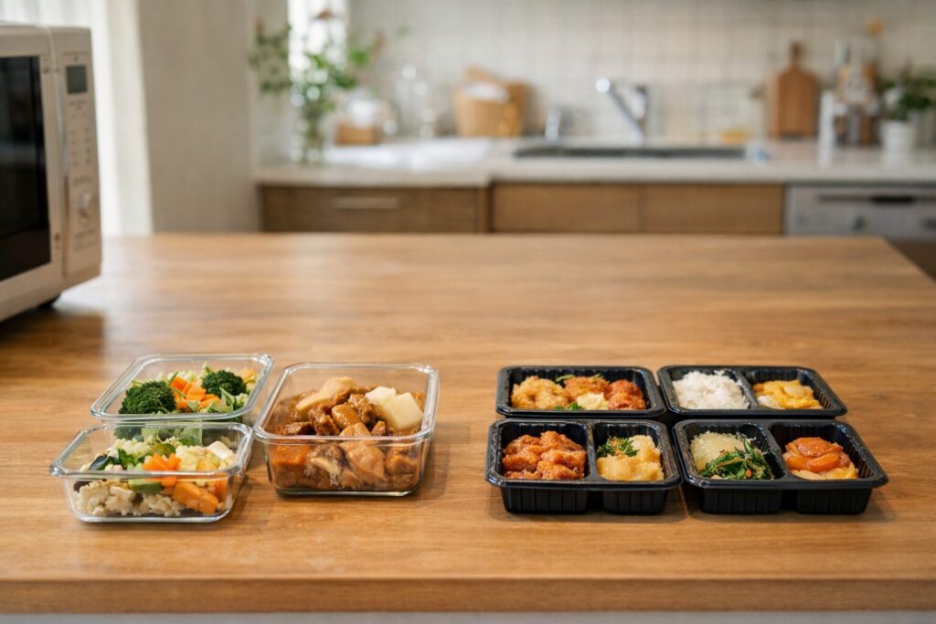 日本のキッチンカウンターで、冷蔵惣菜のガラス容器と冷凍弁当トレーを左右に並べて比較している様子