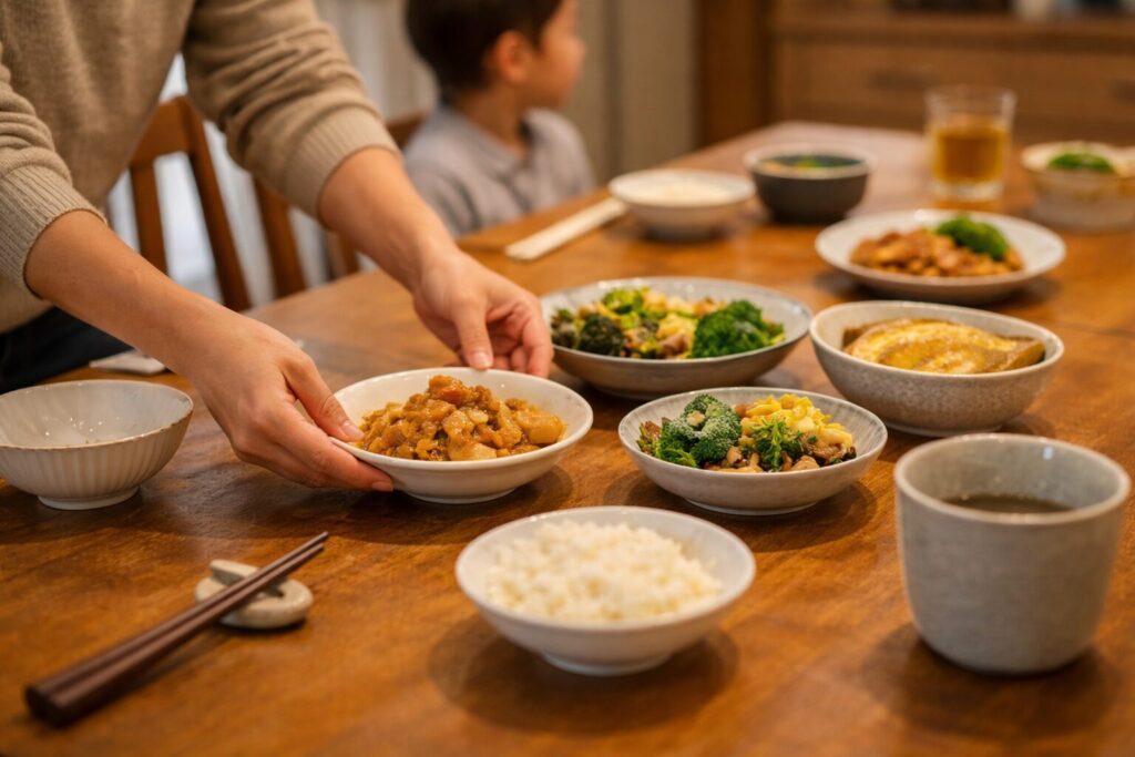 日本のダイニングテーブルで、親が冷蔵宅配惣菜を小皿に盛り付けて家族の食卓に並べている様子