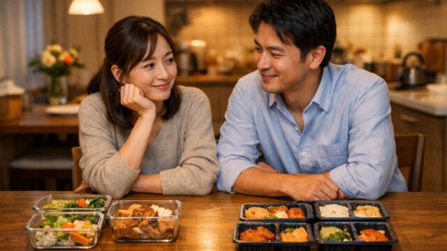 夕方18時の日本のダイニングで、共働き夫婦が冷蔵惣菜と冷凍弁当を比べながら夕食の準備を相談している様子