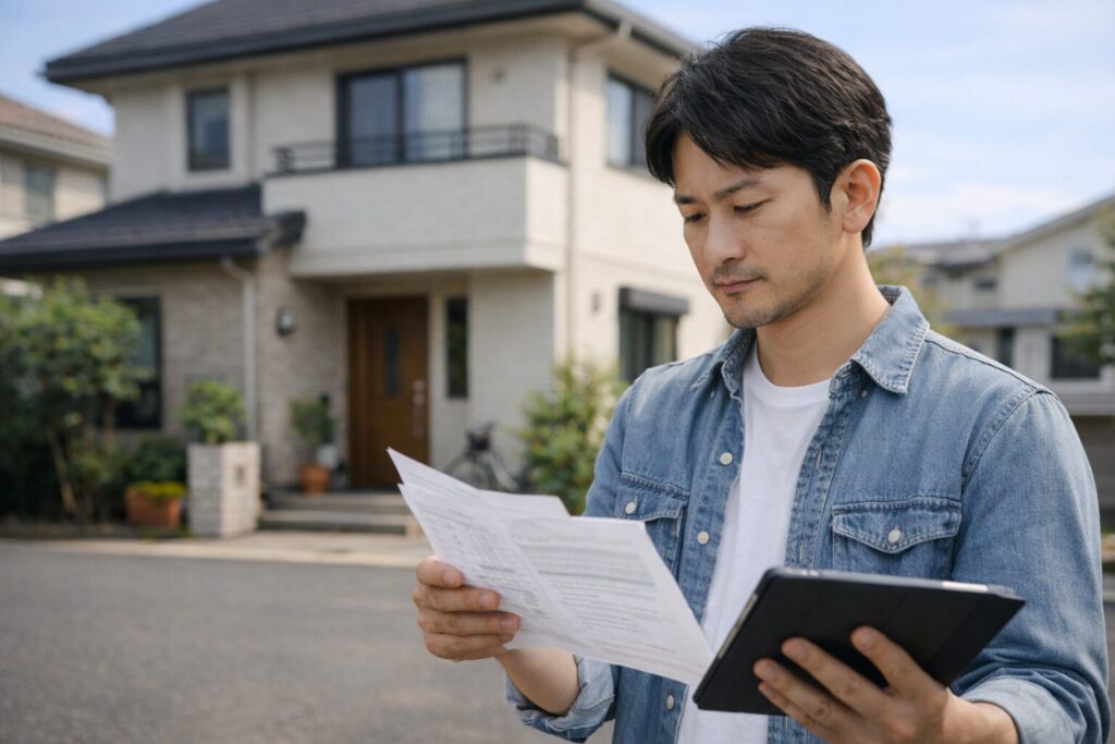 外壁塗装の見積書を手に、住宅前で内容を確認・比較している30代男性