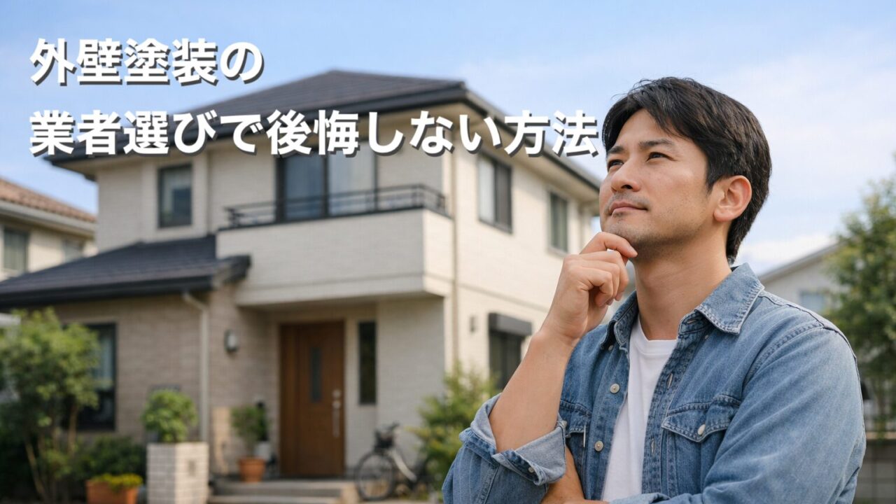 外壁塗装の業者選びで悩み、戸建て住宅を見上げて考える30代の日本人男性