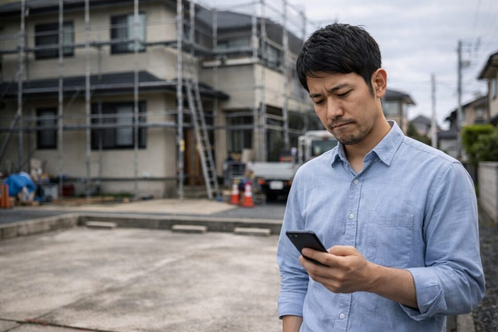 外壁塗装中の住宅前で駐車場が使えず困る男性