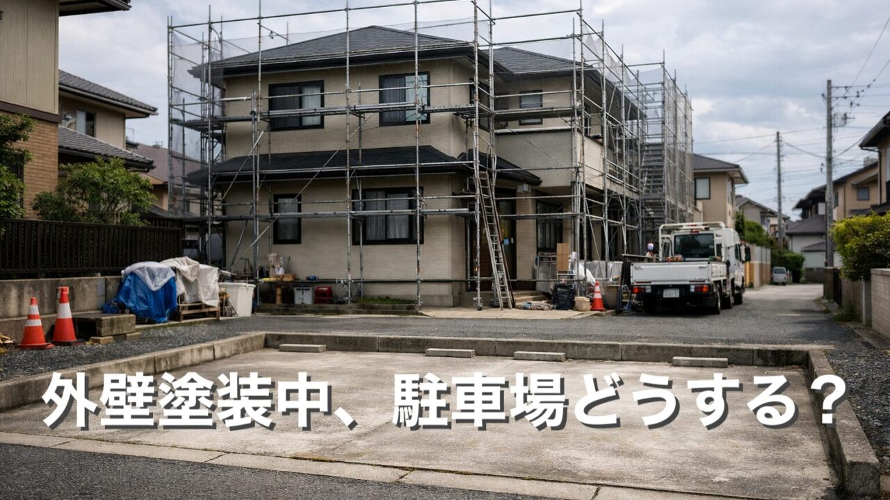 外壁塗装工事中で駐車場が使えない日本の戸建て住宅