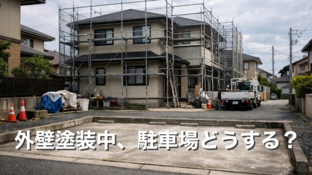 外壁塗装工事中で駐車場が使えない日本の戸建て住宅