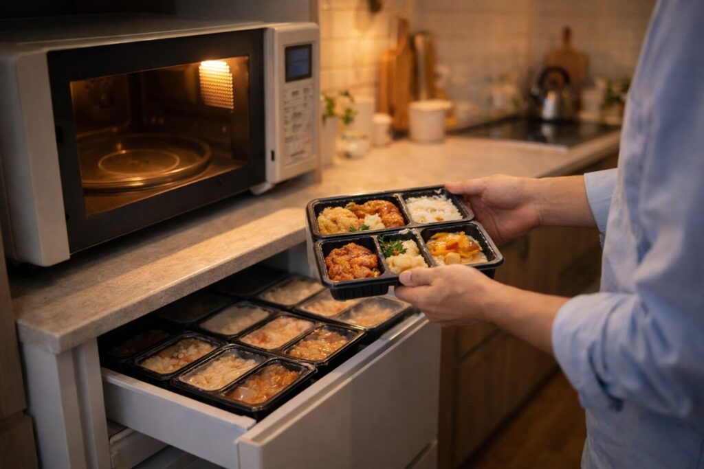 夜の日本のキッチンで、電子レンジから冷凍弁当を取り出し、冷凍庫にストックが並んでいる様子