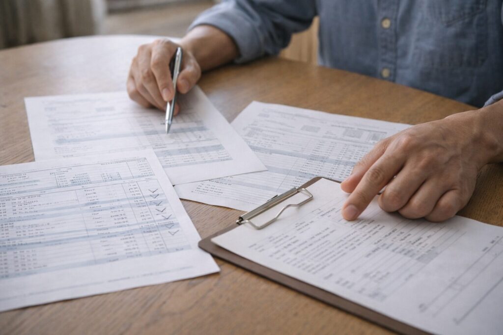 外壁塗装の見積書を条件を揃えて比較している様子