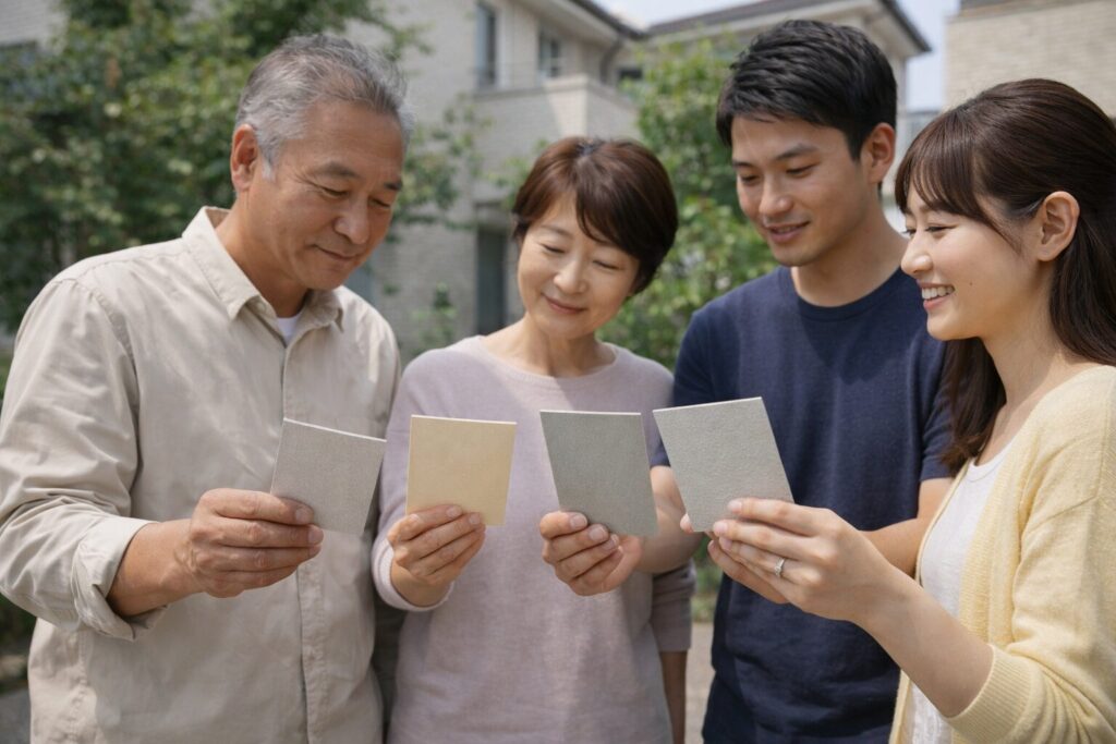 外壁塗装の色見本を家族で屋外で確認している様子