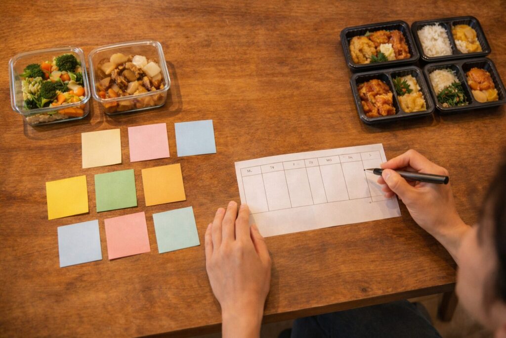 日本のダイニングテーブルで、付箋やカードを使いながら冷蔵惣菜と冷凍弁当を使い分けて計画している様子
