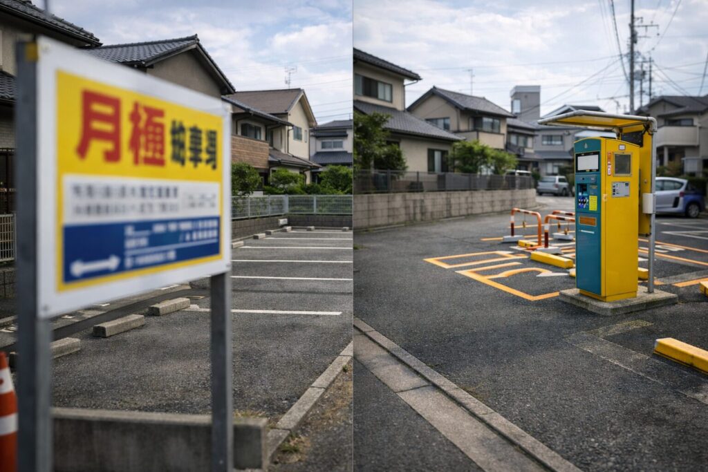 日本の住宅街にある月極駐車場とコインパーキングの比較イメージ