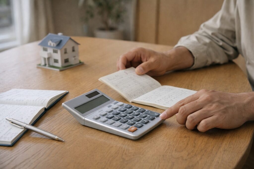 外壁塗装の費用負担を電卓と家計資料で整理しているイメージ