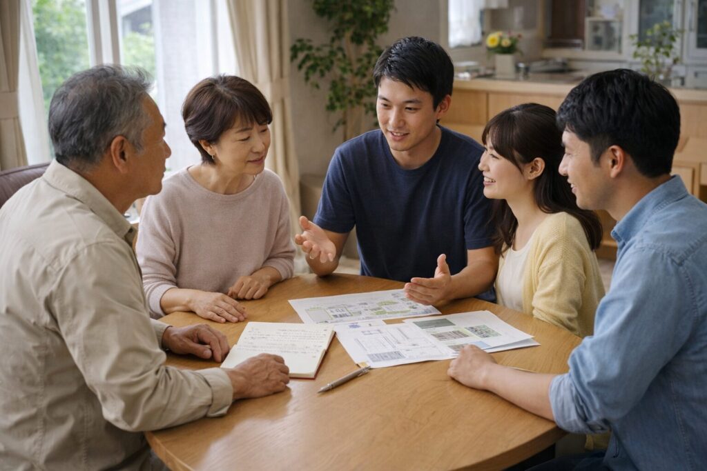 二世帯家族が外壁塗装についてリビングで話し合っている様子
