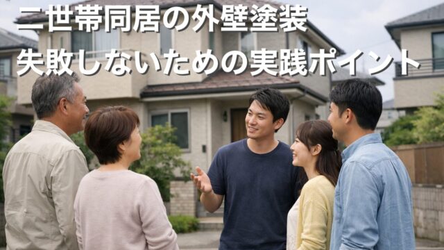 二世帯同居の住宅で外壁塗装について家族が話し合っている様子