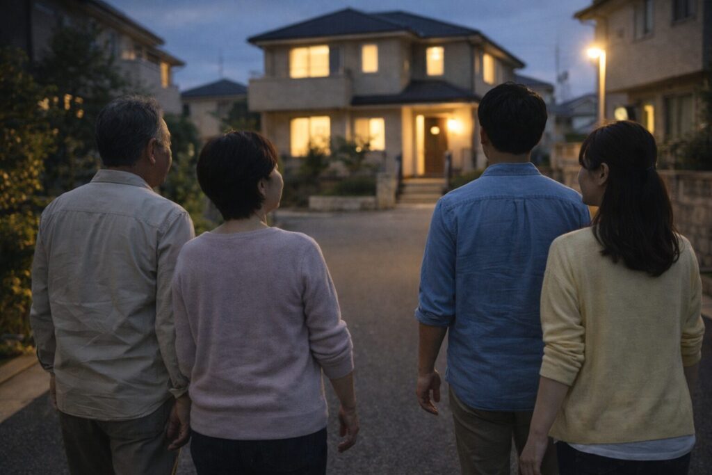 外壁塗装を終えて安心した様子の日本の二世帯家族