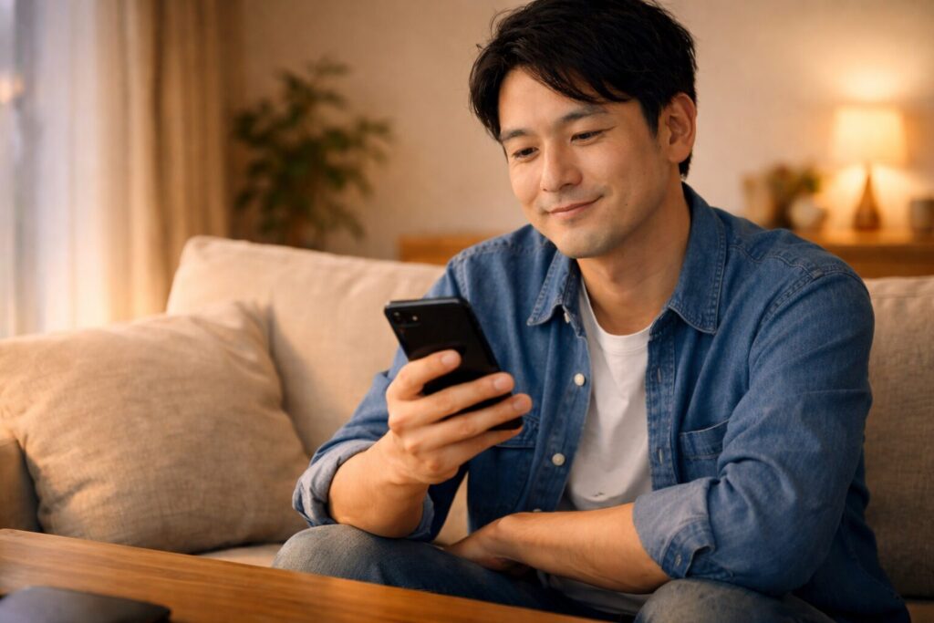 スマートフォンを見て安心した表情の日本人男性