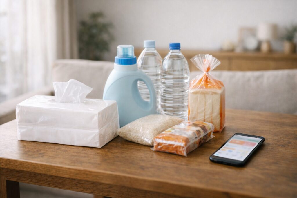 日用品とスマートフォンが並ぶ日本の家庭のテーブル