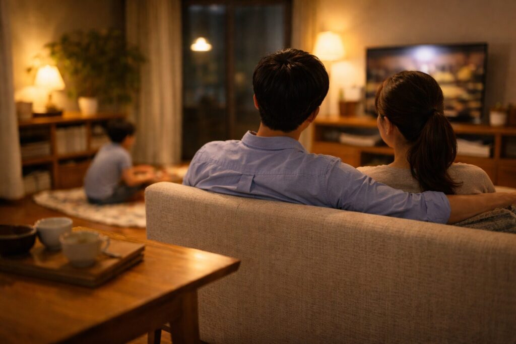 夕食後のリビングで穏やかに過ごす共働き家庭の夜の時間