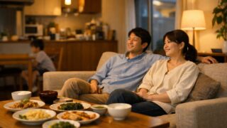 共働き家庭の夕方、冷蔵の宅配惣菜が用意された食卓を前に一息つく親の様子