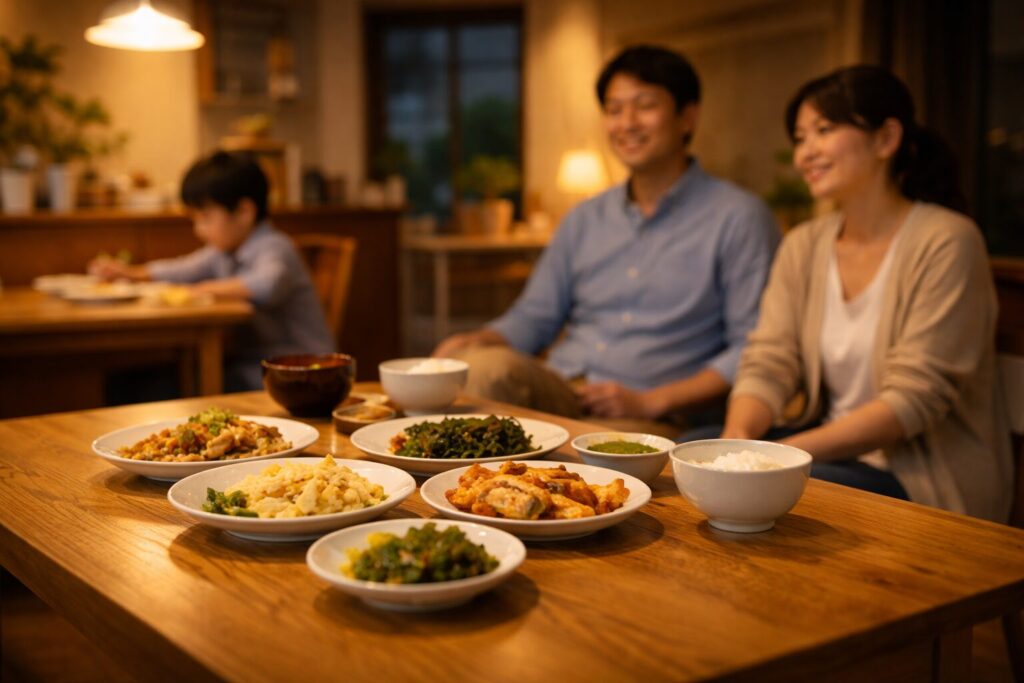 夕方のダイニングに並んだ冷蔵の宅配惣菜と、落ち着いた雰囲気の家庭