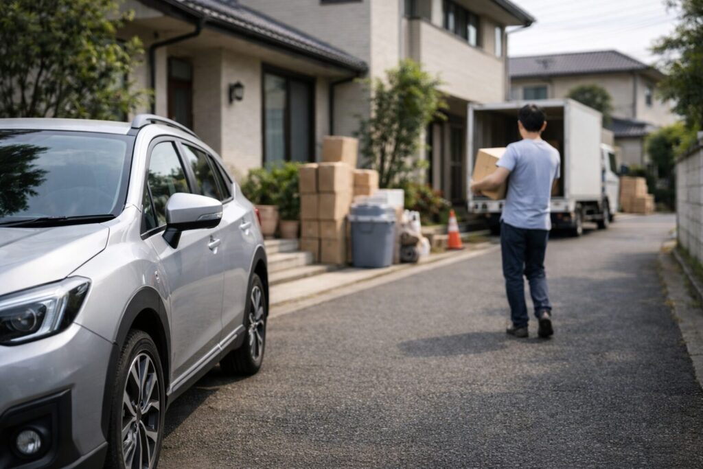 引っ越し作業中の住宅近くに一時的に駐車された車