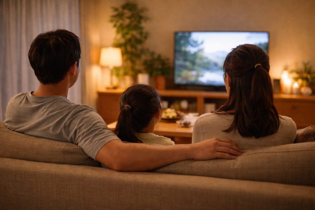 夕食後にリビングでくつろぐ日本の家族の後ろ姿