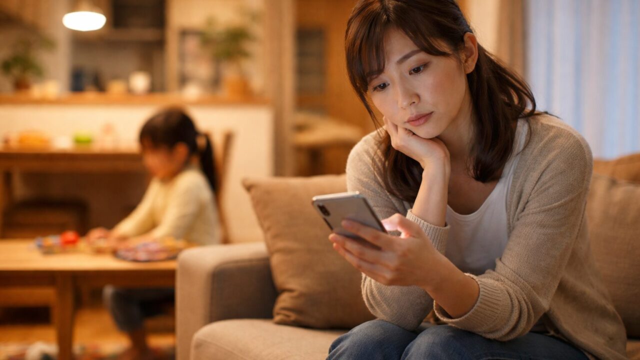 夕方のリビングで夕食を考えながらスマートフォンを見る日本の子育て世帯の親