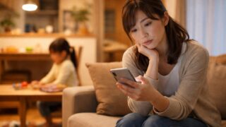夕方のリビングで夕食を考えながらスマートフォンを見る日本の子育て世帯の親