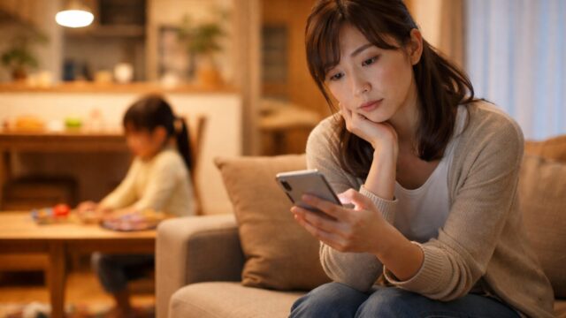 夕方のリビングで夕食を考えながらスマートフォンを見る日本の子育て世帯の親