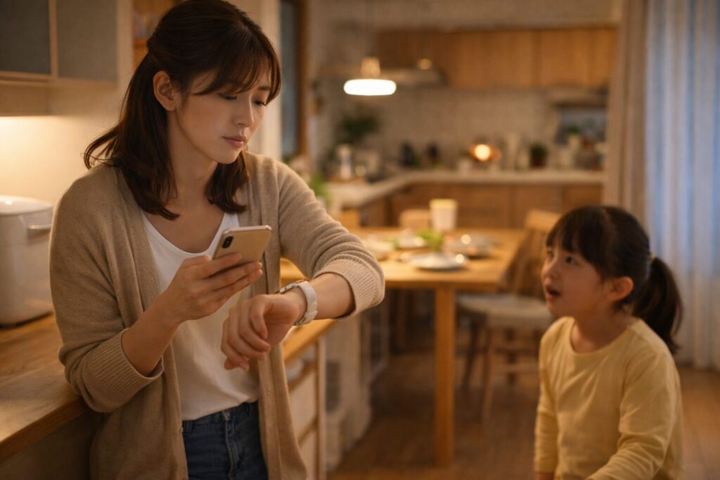 夕食前に時間を気にしながら子どもを待たせている共働き家庭の親