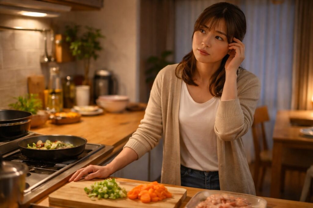 調理に疲れを感じながらキッチンに立つ日本人の親の様子