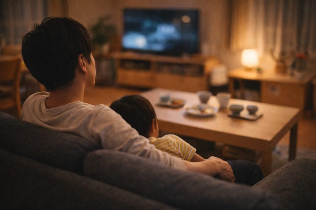 夕食後、リビングでくつろぐ日本人の親子の後ろ姿