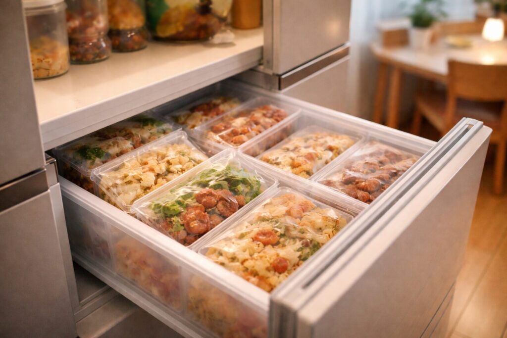 家庭用冷凍庫に整然と収納された冷凍食品のストック