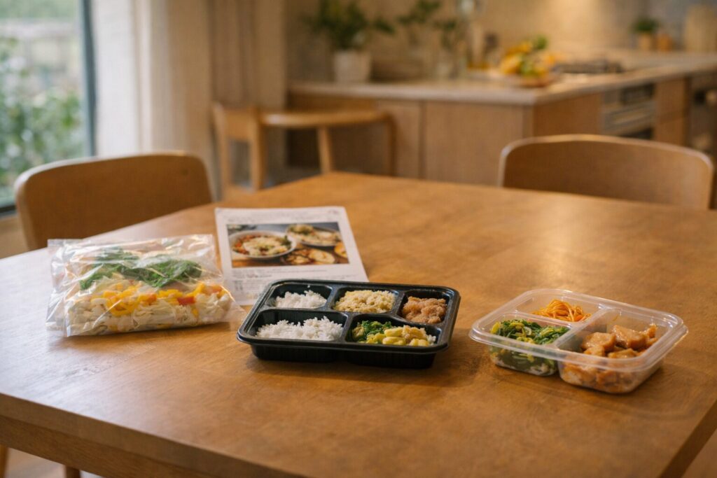 ミールキット、冷凍弁当、冷蔵惣菜が並ぶ日本のダイニングテーブル