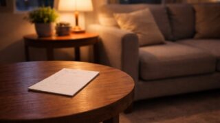 夜のリビングで幼児向け冷凍宅配サービスを申し込む前に確認事項を整理している落ち着いた室内の様子