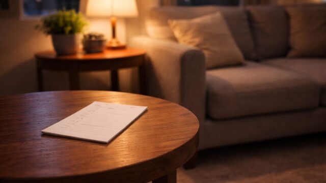 夜のリビングで幼児向け冷凍宅配サービスを申し込む前に確認事項を整理している落ち着いた室内の様子