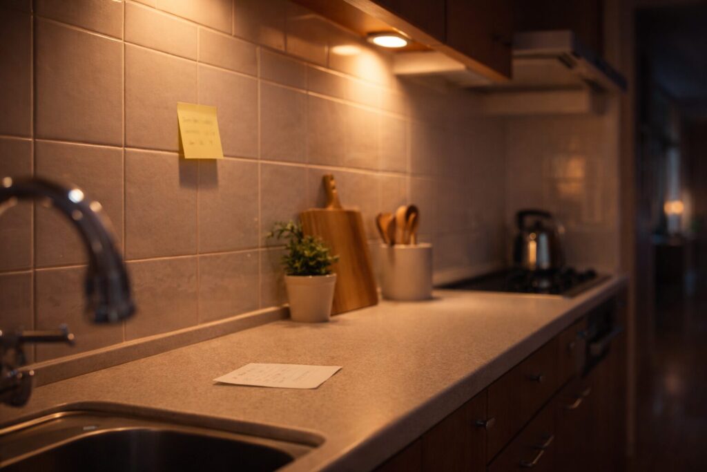 キッチンで幼児向け冷凍宅配を利用する前の注意点を意識して確認している落ち着いた室内の様子