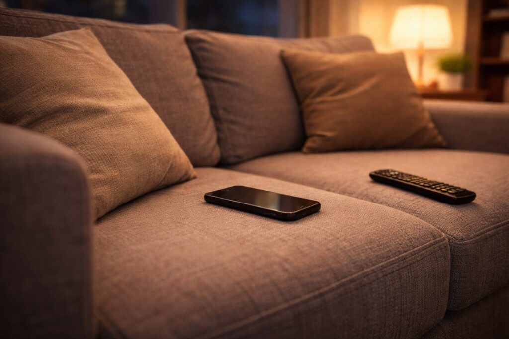 夜のリビングで幼児向け冷凍宅配サービスに関する疑問を整理している落ち着いた家庭の様子