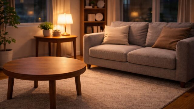 夕方から夜のリビングで幼児向け冷凍宅配モグモを検討する前に全体像を整理して考えるための落ち着いた室内の様子