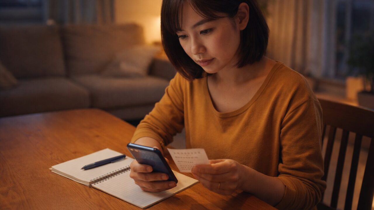 ダイニングテーブルで幼児向け冷凍宅配の料金を確認している日本人の親