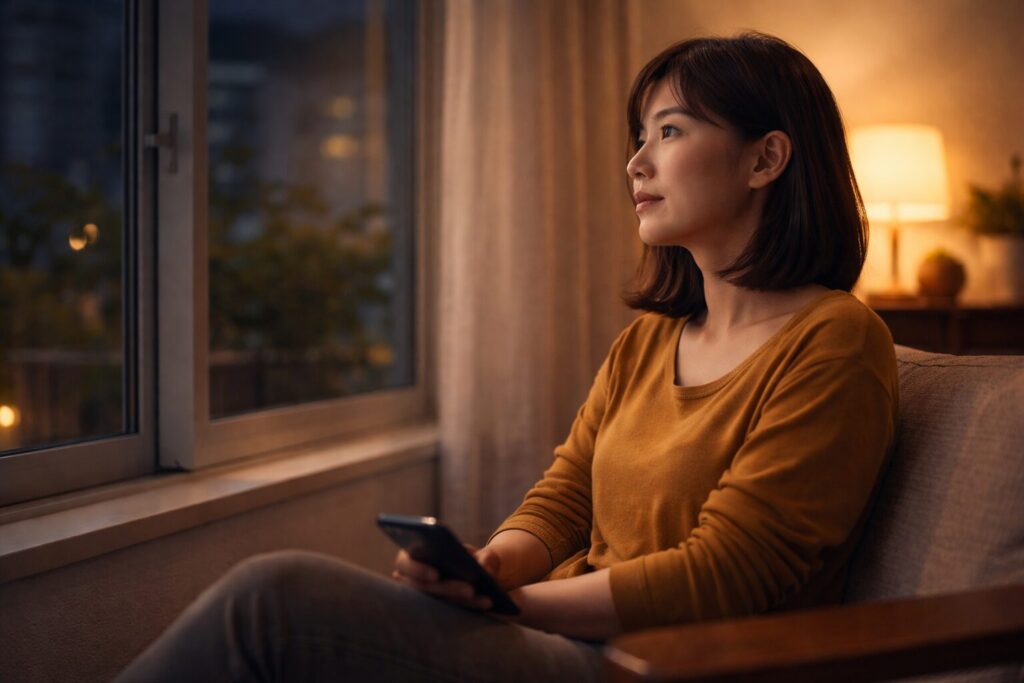 夜のリビングで幼児向け冷凍宅配の料金について考えている日本人の親