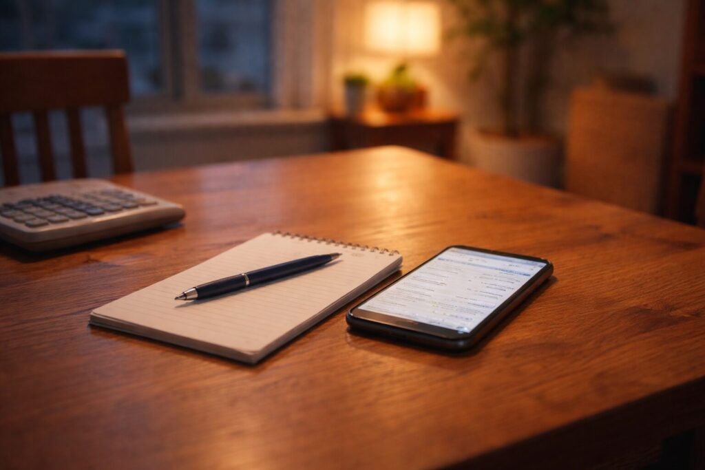 ダイニングテーブルに置かれたスマートフォンとメモで料金を整理している様子