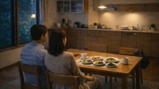 夕方の日本の共働き家庭で、夫婦がダイニングテーブルに並んだ家庭的なお惣菜を前に落ち着いて過ごしている様子