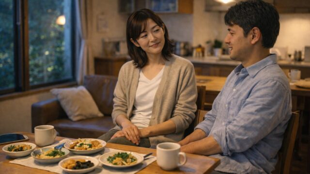 冷蔵宅配惣菜が向いている家庭の夕方のリビングダイニングの様子