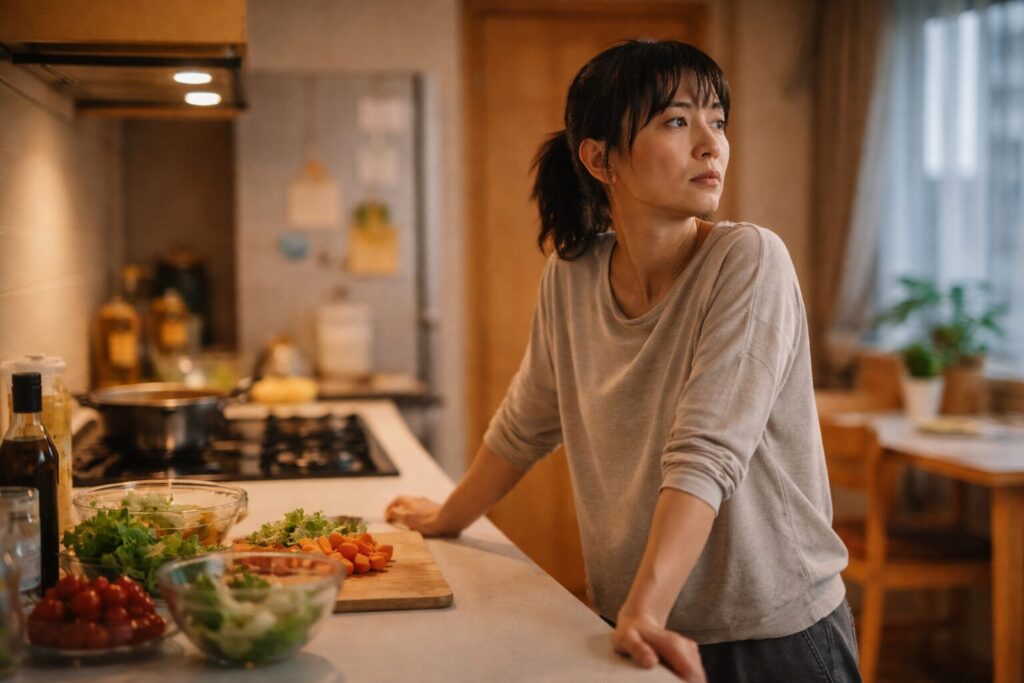 夕方のキッチンで調理の途中に一息つく日本人の親