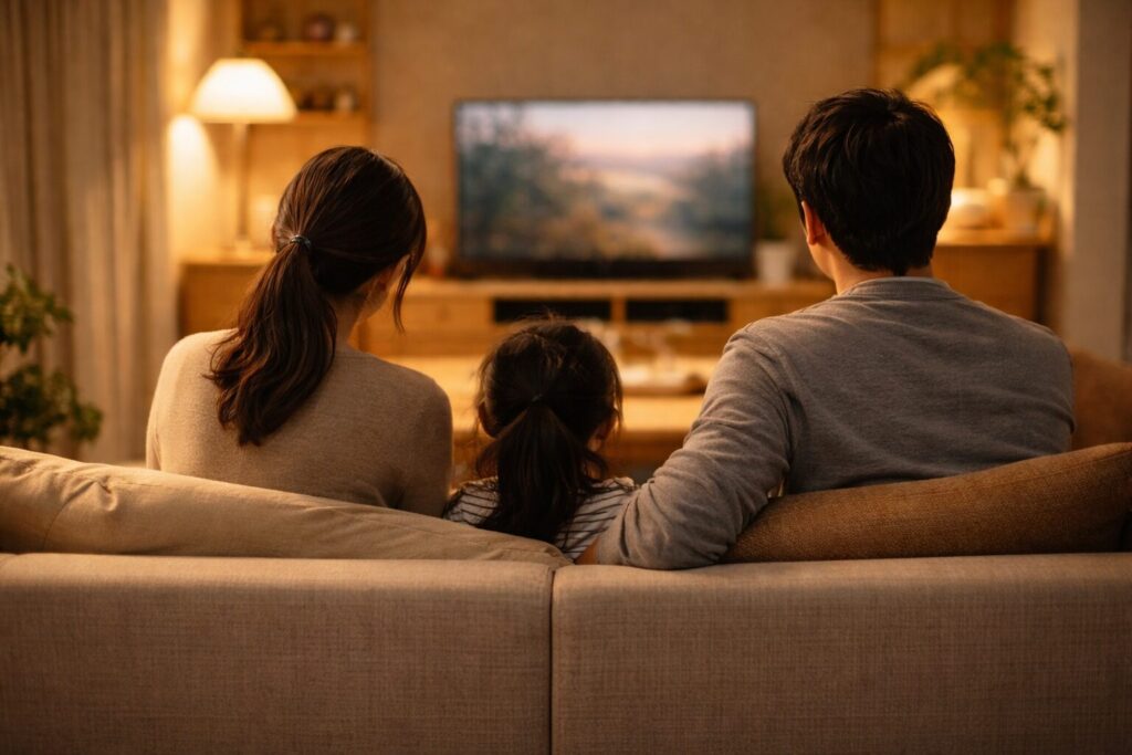 夕食後のリビングでくつろぐ日本人家族の後ろ姿